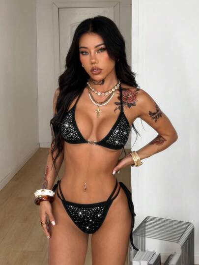 Coolane Summer Outfit For Women Going Out Casual Streetwear Festival Party Coachella Disco Outfit Fashion Sexy Cave Beach Outfits Vacation Outfits Knit Stretchy Comfortable Sparkly Rhinestone Diamond Pattern Straps Black Halter Bikini Tops And Briefs,2pcs,Carnival Outfit,Holiday Outfits For Women