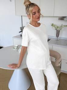 SHEIN 2件套孕妇休闲波点印花圆领落肩上衣和裤子套装，夏季 - 彩色 - 查看 7