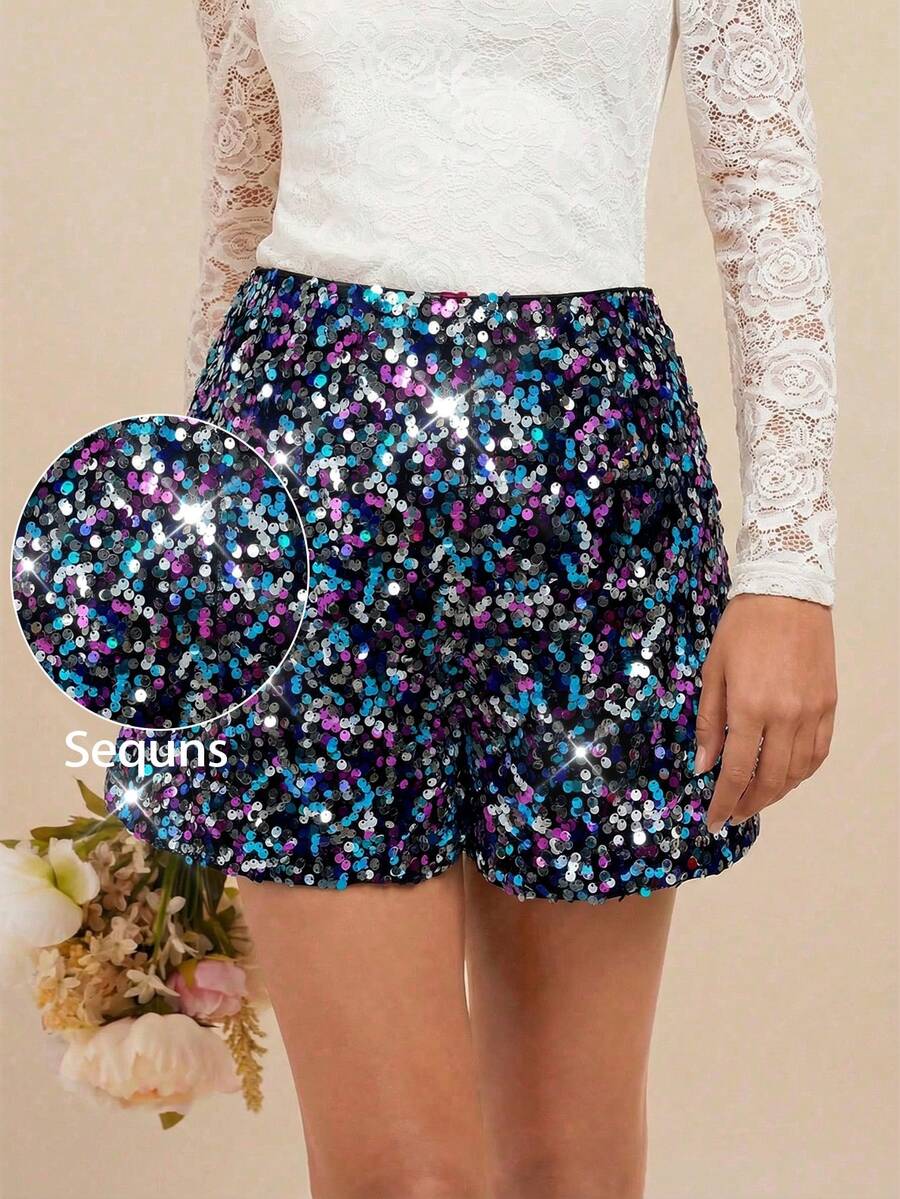SHEIN Clasi Quần short đính sequin thanh lịch dành cho nữ cỡ lớn - Màu tím - Xem 1