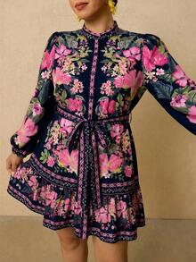 SHEIN TRVLCHIC Plus Size Women's Tropical Plant Print Long Sleeve Dress, Suitable For Holiday/Resort Wear, Autumn/Winter - Royal Blue - View 3