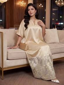 SHEIN Autumn And Winter Elegant Modest Gold Dress V Neck Plus Size Solid Color & Printed Patchwork Short Sleeve Dress Long Summer Dress For Women Yellow New Year's Dress Plus Size Dress Women Church Dress Christmas Dress Elegant Dresses For Women Wedding Party Dress Abayas Dubai Luxury Zeylah Dress Najma Dress Modest Sets For Women Sparkly Dress Floral Dress Sparkly Dress - Apricot - View 6