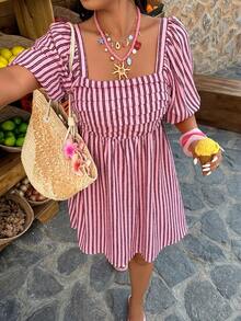 Breezaya 玫红色条纹方领主教袖A字迷你连衣裙 - 大码女士优雅时尚连衣裙，适合春夏办公、日常穿着、度假及休闲外出 - 彩色 - 查看 3