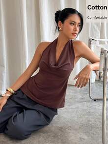 Siren Gaze Áo tank top màu nâu buộc dây hở lưng, áo tank top không tay cổ xếp ly cho nữ, áo cotton, áo kiểu mùa hè thoải mái, áo cổ yếm, áo kiểu thẩm mỹ, áo màu đất, áo cotton, áo dự tiệc, áo đi nghỉ mát, áo màu nâu sô cô la, áo màu nâu cà phê, áo màu nâu cho nữ, áo màu nâu đậm - màu nâu - Xem 3