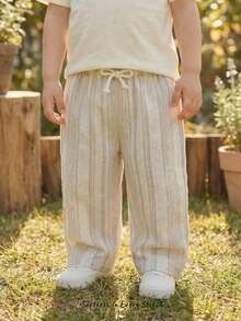 Cozy Pixies 男婴休闲度假风舒适撞色条纹印花系带松紧腰裤 - 杏色 - 查看 9