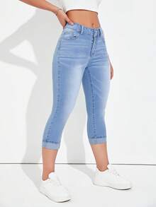 SHEIN Essnce Quần Jeans Denim Ôm Vừa Vặn, Túi Rách Nhẹ Thường Ngày Cho Nữ, Mùa Hè - Rửa nhẹ - Xem 4