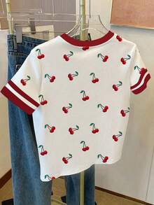 SHEIN Kaos Kasual Anak Perempuan Musim Semi & Musim Panas dengan Motif Ceri Lucu dan Warna Putih Kontras, Kaos Lengan Pendek Nyaman untuk Sekolah, Sehari-hari & Liburan - MultiWarna - View 2
