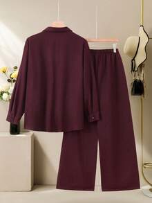 Lacomfia 2pcs/Set Casual Solid Color 3D Floral Decor Long Sleeve Loose Blouse And Elastic Waist Wide Leg Pants, Plus Size, Spring/Autumn - Maroon - View 2