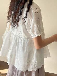 FRIFUL Áo kiểu nữ cổ tròn, thêu toàn thân, dáng rộng, có bèo nhún ở gấu áo, thích hợp mặc mùa hè. - trắng - Xem 3