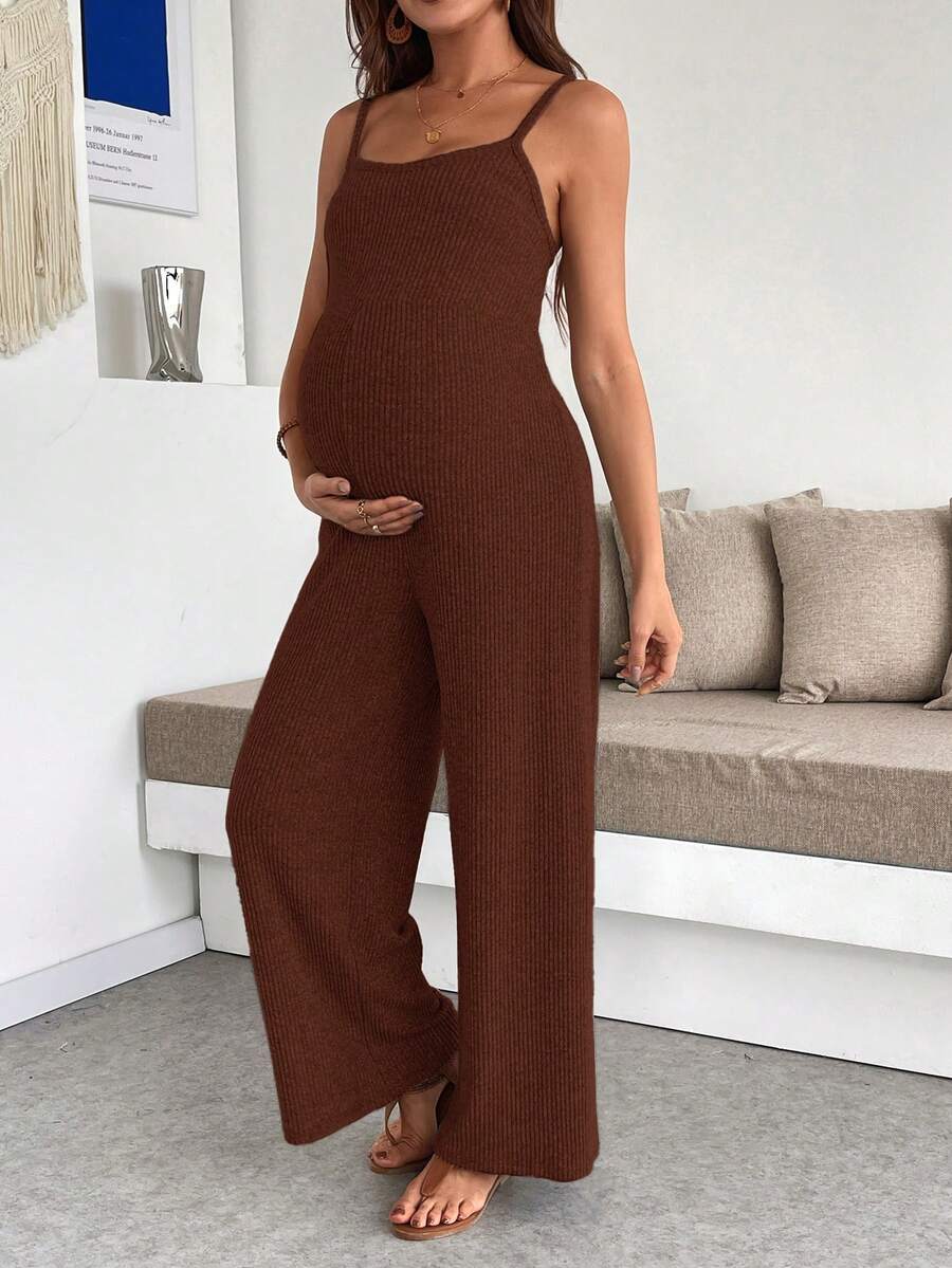 SHEIN Maternity Solid Color Ribbed Casual Wide Leg Jumpsuit - Coffee Brown - View 1
