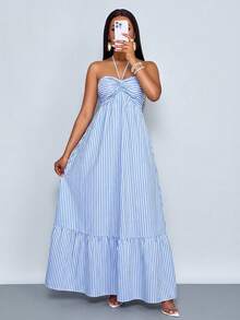 SOLERSUN 女士度假性感蓝白条纹露背打结前褶皱亚麻棉飘逸多层长裙，夏季休闲沙滩度假连衣裙（随机花卉图案） - 藍白色 - 查看 6