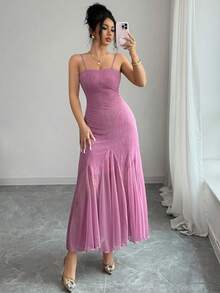 Modelyn Women's Elegant Knitted Jacquard Sequin Rhinestone Mesh Slip Dress, Long Dress For Party And Occasion, Summer - Purple - View 6