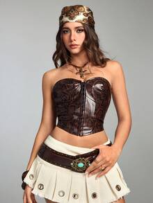 ROMWE Hippie Women's Y2K Western Music Festival Snake Skin PU Fabric Bandeau Crop Top - Brown - View 6