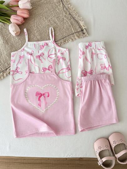 SHEIN Conjunto informal de top de tirantes con estampado de lazos y shorts para niña bebé
