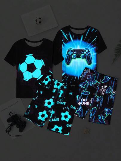 男童新款极简主义电子游戏和足球夜光修身舒适休闲四件套家居服，春夏款