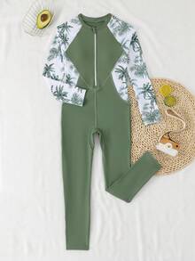 SHEIN 少女连体泳衣，绿色棕榈叶针织面料，长袖，拉链连体裤，时尚休闲优雅女士款，适合游泳、夏季度假、海滩、泳池、节日派对等场合。 - 綠色 - 查看 6