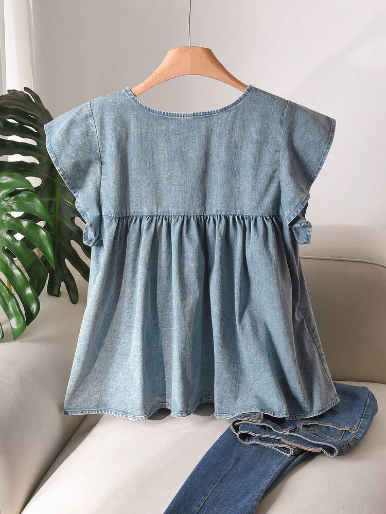 CosyJoli Women's Casual Vacation Embroidered Ruffle Sleeve Shirt Dress, Spring/Summer - Blue - View 2