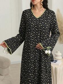 Yasmyna 女士印花宽松长袖阿拉伯连衣裙 - 黑色 - 查看 9