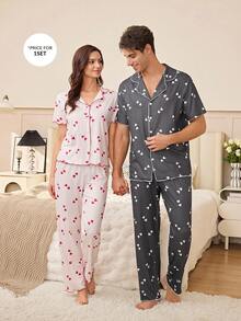 SHEIN Striped Heart Print Button Up Cardigan Casual Loungewear Pajama Set For Men - Black - View 2