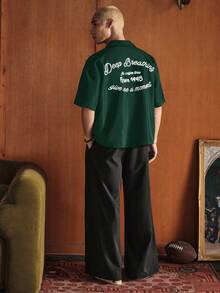 SWAVVY 男士字母印花前开襟纽扣休闲短袖衬衫，夏季 - 綠色 - 查看 2