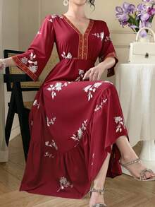 DAZY Women's Spring/Autumn Casual Vacation Style Floral Print Flared Sleeve Ribbon Decor Ruffle Hem Dress - Burgundy - View 4