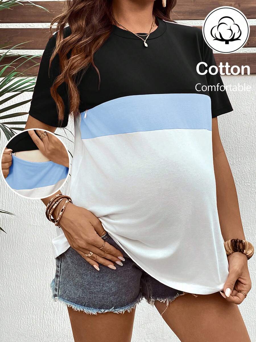 SHEIN 孕妇撞色圆领短袖休闲百搭T恤 - 藍色 - 查看 1