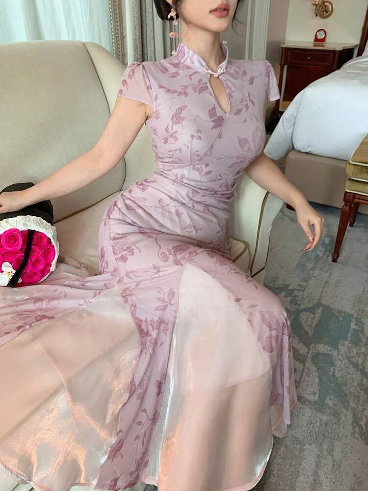 Chinese Style Mesh Patchwork Improved Cheongsam Dress, Elegant Retro Waist Fitted Mermaid Dress For Women Maxi Dress Sundress
