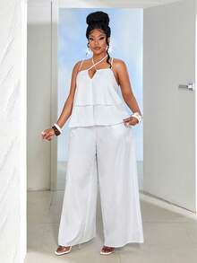 Maweii Große Größen minimalistischer weißer Zweifach-Rüschen-Saum Kreuz-Rücken Trägerhemd und bequeme weite Hose 2 Stücke Set, weißer Anzug, elegantes Outfit für Mollige, Rüschen-Saum, geeignet für Ausflüge, Alltag, Partys, Einkaufen Urlaubsoutfit für Frauen, Braut, Abschluss, Damen Sommer 2 Stücke Set, Damen Sommer Co-Ord, Damen Casual 2 Stücke Outfit, Damen Casual Outfit Sets, Damen 2 Stücke Outfit Casual - Weiss - Übersicht 5