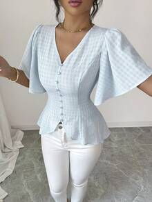 Modelyn Ny V-ringad, volangärmad, asymmetrisk design, nischkort, romantisk semesterskjorta - Babyblå - Visa 3
