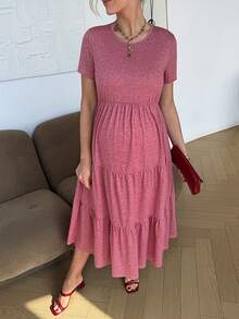 SHEIN Vestido de maternidad de unicolor con volantes en el bajo y cuello redondo de manga corta - Rosa - Ver 9