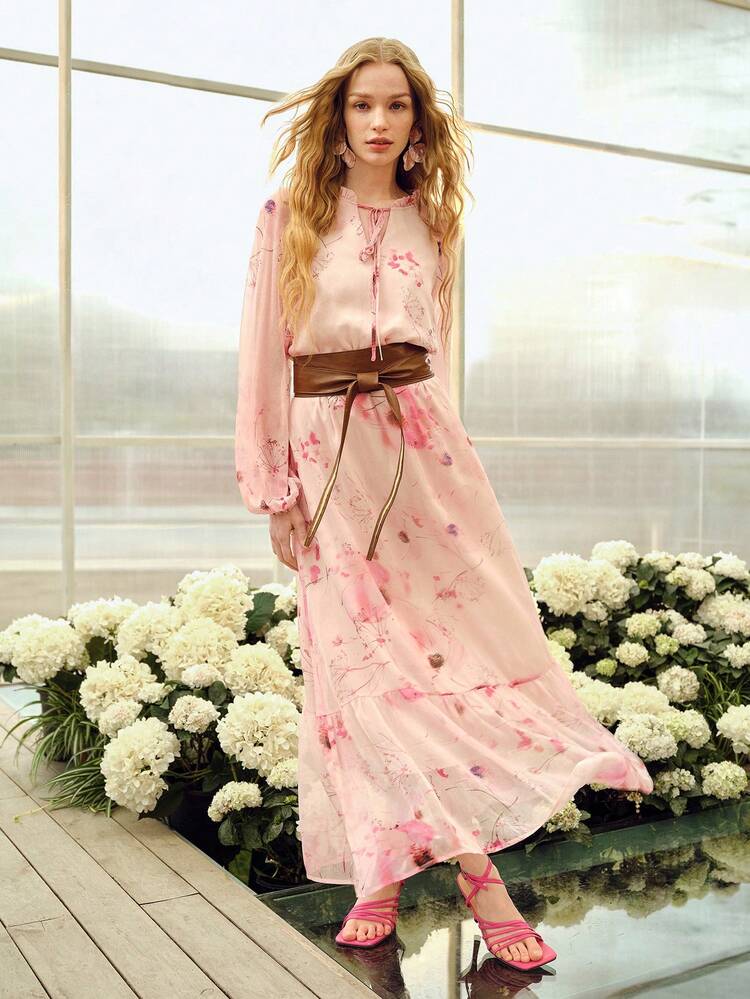 ROMANTIC TIE NECK LANTERN SLEEVE FLORAL PRINT DRESS, SPRING/SUMMER