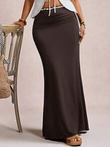 Freevana Plus Size Elegant Romantic Vintage A-Line Maxi Knit Skirt For Party And Gathering, Autumn/Winter - Coffee Brown - View 5