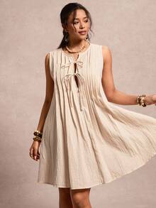 Freevana Bohemian Sleeveless Pleated V-Neck Drawstring Loose A-Line Dress, Minimalist Relaxed Linen Casual Short Dress, Summer - Apricot - View 6