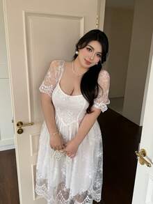 Vibekara Plus Size Square Neck Waist Gathered A-Line Lace Dress - White - View 4
