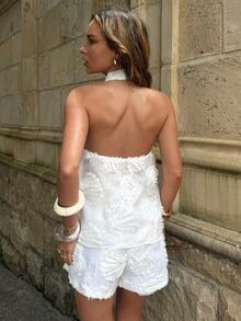 Aloruh Women's Solid White Halter Neck Shell Top And Long Pants 2 Pieces Set, Spring/Summer - White - View 2