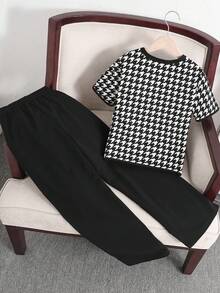 SHEIN Tween Girls Houndstooth Print T-Shirt & Pants Set - Black - View 2
