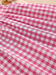 SHEIN Playful Pals 女婴夏季梭织连衣裙，可爱花卉刺绣无袖格子连衣裙，玫瑰红和白色，适合休闲、户外、派对穿着 - 玫紅色 - 查看 5