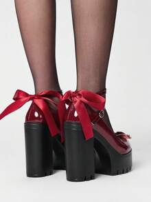 ROMWE Kawaii Women's Sexy Platform Mary Jane Shoes With Lace Bow Embellishment At The Back; Stylish Double-Strap Adjustable Back Strap With Buckle For Spring And Autumn; Perfect For Parties, Outings, And Dates. Y2K 2000s Style - Burgundy - View 5