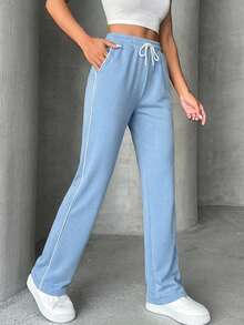 EURMUSE Women's Drawstring Waist Pockets Straight Leg Casual Sweatpants - Baby Blue - View 3