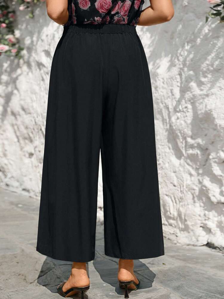 Plus Size Elegant Commuter Contrast Lace Solid Color Loose Straight Pants/Summer/Elegant Wide Leg Summer Pants Summer Beach Vacation For Women Formal Attire For Women Wide Leg Pants Woman High Waist Wide Leg Pants With Lace Insert Women's Wide Leg Pants Pants Women Summer For Women Beach For Women Casual Vacation Women Country Concert Peplum