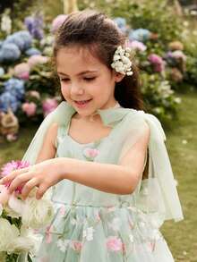 SHEIN Glamorique Kids 花童、生日派对、婚礼、节日礼服、女童公主裙、幸运大蝴蝶结、花卉网纱蓬蓬裙、参加派对或特殊场合、华丽连衣裙、可爱、美丽、四季皆宜、复活节、夏季、优雅派对礼服 - 綠色 - 查看 13