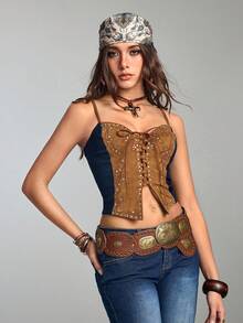 Hippie Western Cowgirl Suede Patchwork Distressed Vintage Embroidered Metal Decor Denim Jacket For Women - Multicolor - View 6