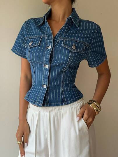 Siren Gaze Women's Casual Striped Front Button Waist Denim Blouse, Summer