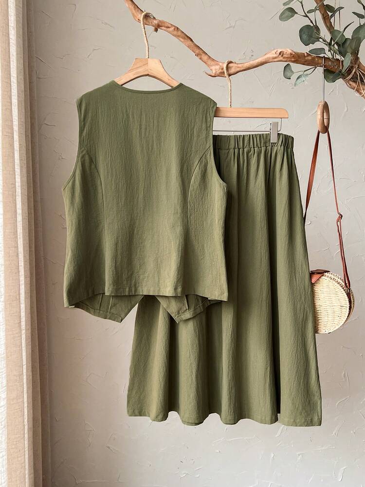 Plus Size Women Casual Brown Corduroy Sleeveless Vest Jacket And Skirt 2 Piece Set With Pockets, Autumn/Winter Summer Outfits Summer Clothes  Spring  Spring Outfit Women Spring Clothes Country Style For Women  Women Summer 2 Pieces Sets Vest And Skirt Set Olive Green Outfit Women