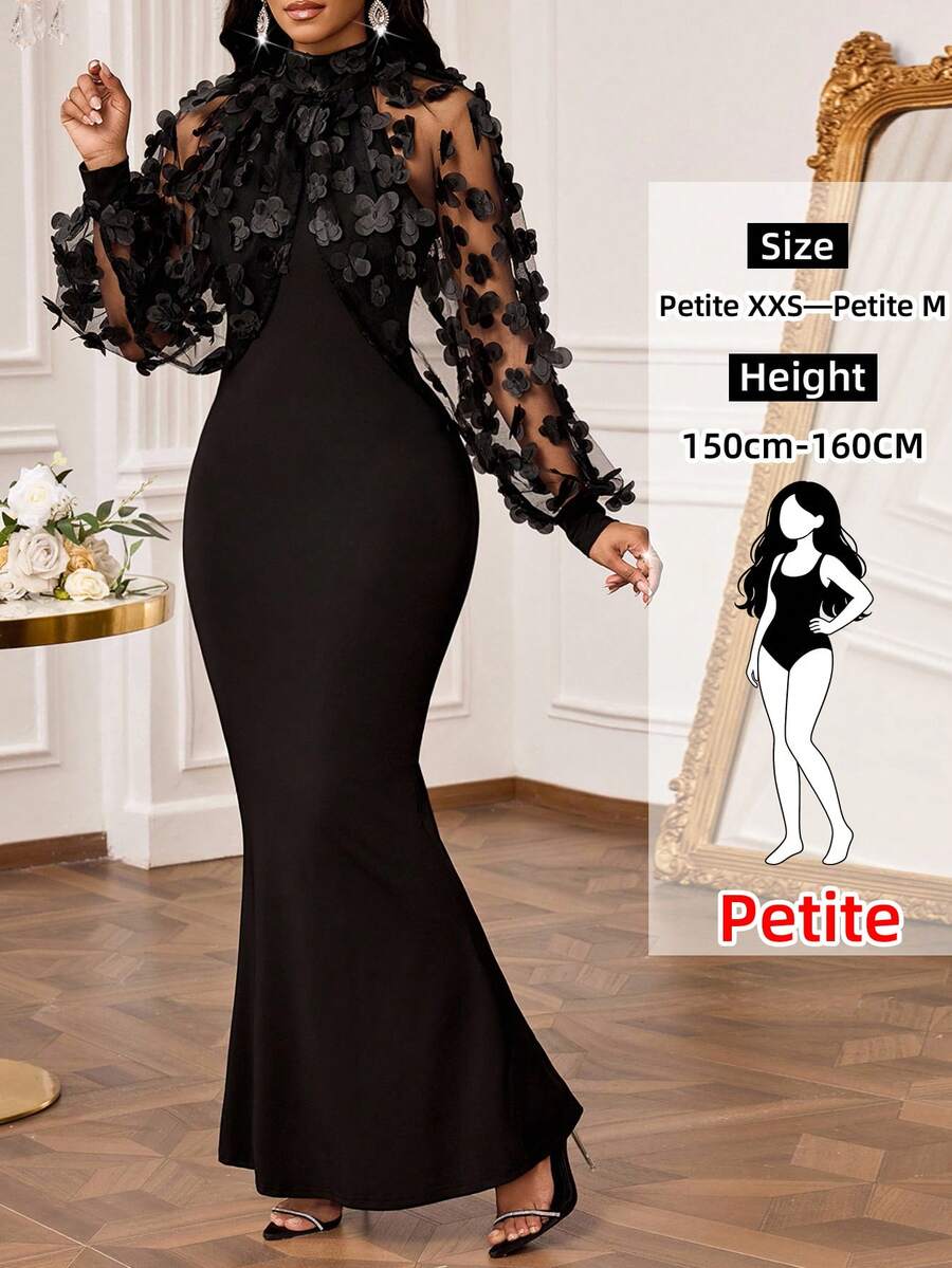 SHEIN Lady Petite Đầm đen dáng nhỏ nhắn dành cho nữ, thêu hình bướm 3D, phối ren, dài ôm sát, kiểu đuôi cá, đầm nhỏ thanh lịch dự tiệc, đầm dự đám cưới cho nữ. - màu đen - Xem 1