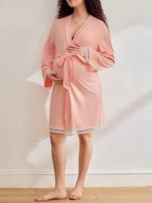 BloomMama Maternity Lace Sleeve & Tie Waist Robe - Dusty Pink - View 6