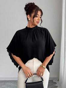 Elenzga Blusa holgada con cuello redondo, mangas fruncidas y bajo ondulado para mujer talla grande, primavera/verano - Negro - Ver 1