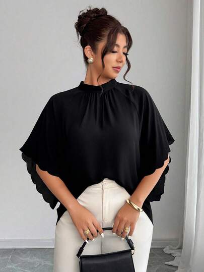 Elenzga Plus Size Women's Round Neck Ruched Sleeve Wavy Hem Loose Blouse, Spring/Summer