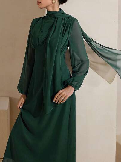 Graceveil Elegant Lace-Up Long Sleeve Green Chiffon Dress For Women
