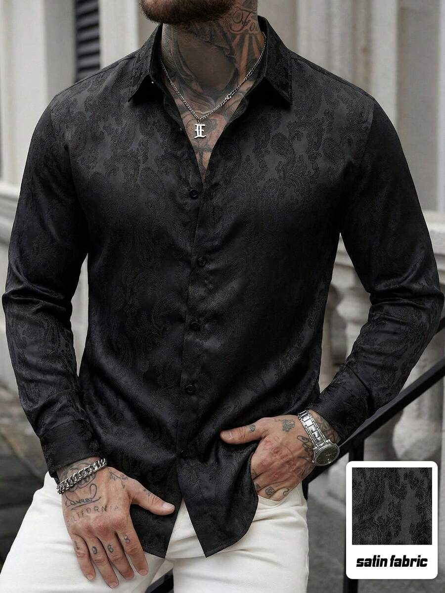 Manfinity Homme 男士黑色提花緞面正裝襯衫,長袖前扣優雅哥德風襯衫,適合秋季、晚宴雞尾酒會、婚禮派對、商務通勤,正式禮品 - 黑色 - 查看 1