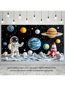 1 件太空主题生日派对背景布 - 卡通外太空行星、火箭和星星 - 涤纶悬挂横幅，适用于节日和摄影 - 彩色 - 查看 5